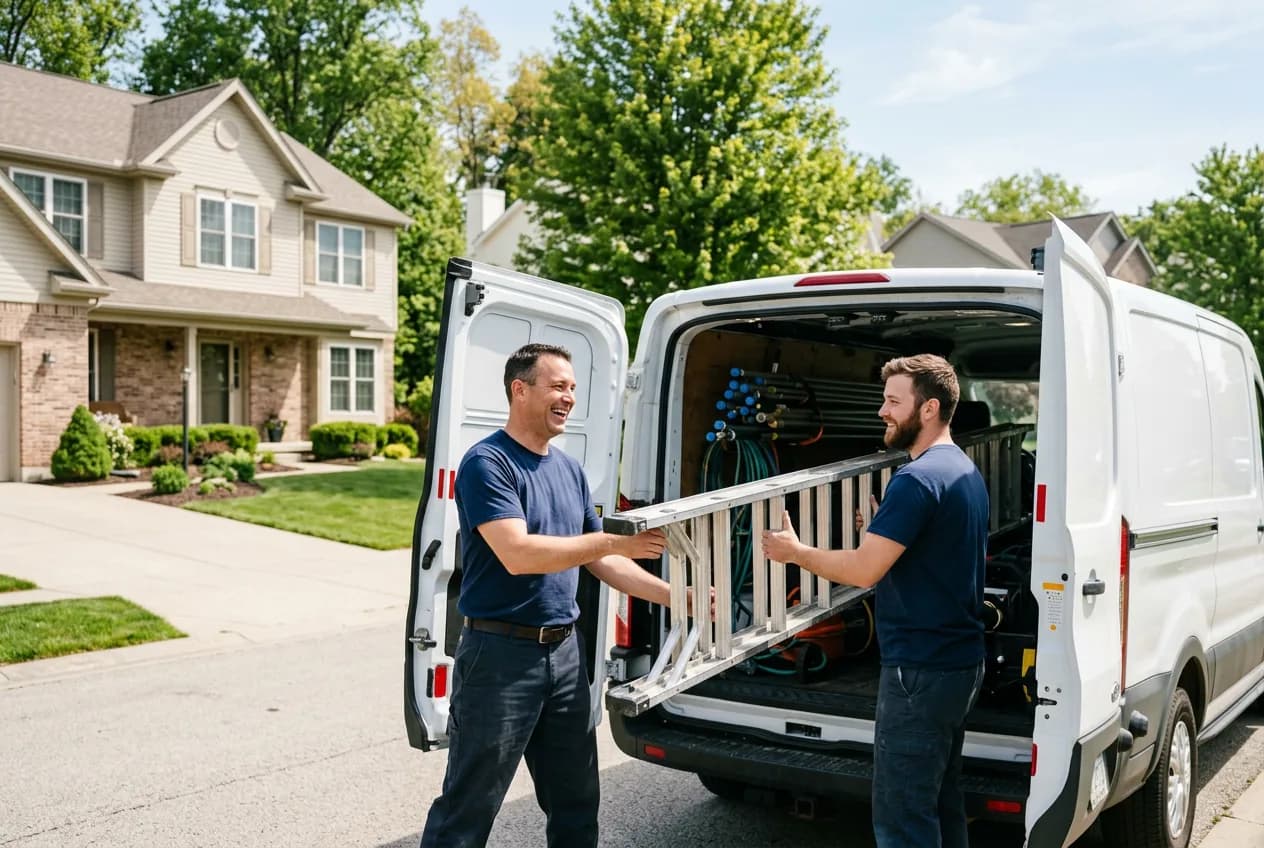 Two crew members loading a ladder into a white work van outside a house