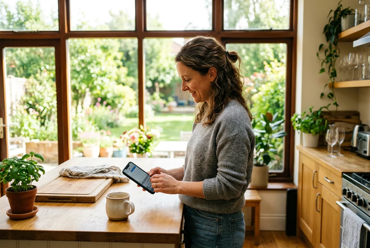 A homeowner at her kitchen counter typing a question into her phone