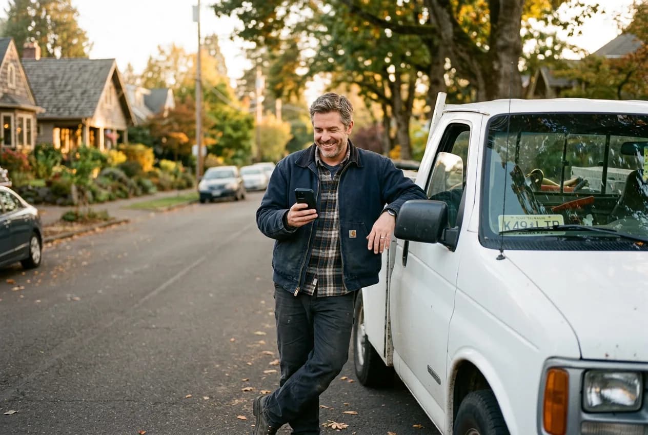 A service business owner smiling at his phone while leaning on his work truck